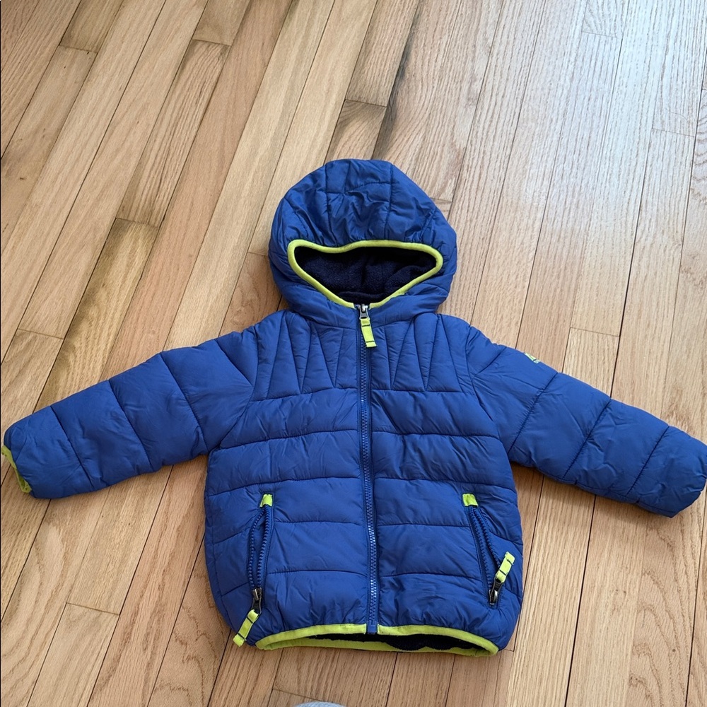 SNOZU Toddler Blue & Neon Green Hood Puffer Fleece Lined Jacket with Double Zip